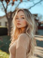 Young woman enjoying a sunny day in a suburban neighborhood photo