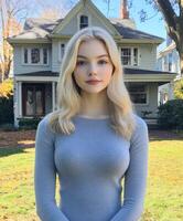 Young woman standing confidently in front of a vintage house in autumn photo