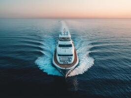 Luxurious yacht cruising through calm waters at sunset near the coast photo