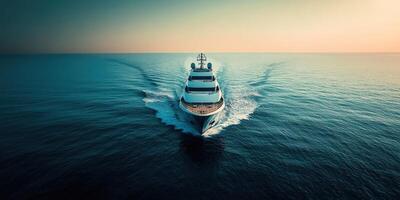 A luxurious yacht cruising through calm waters at sunset photo