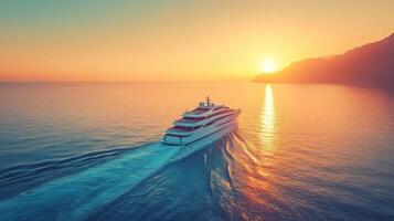 Luxurious yacht cruising at sunset near a scenic coastline photo