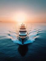 Luxurious yacht cruising at sunset over calm ocean waters photo