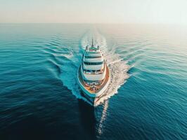 Luxurious yacht cruising across tranquil waters during sunset photo