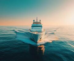 Luxurious yacht cruising on calm waters at sunset near the coastline photo