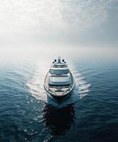 A sleek yacht cruising through calm waters under a cloudy sky photo