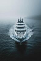 Luxurious yacht cruising through misty waters at dawn photo