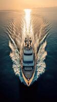 Luxurious yacht cruising on tranquil waters at sunset in the ocean photo