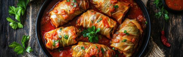 Delicious cabbage rolls served in rich tomato sauce for a comforting meal photo