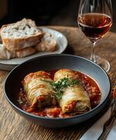 Delicious cabbage rolls served in rich sauce with wine and bread photo