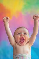 Joyful toddler cheering against a colorful background photo