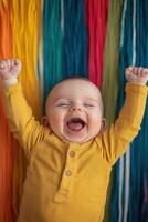 Cheering baby toddler joyfully raises arms against colorful backdrop photo