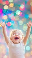 Happy toddler enthusiastically cheering with raised arms in colorful lights photo
