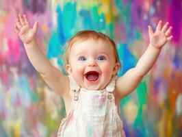Happy toddler cheering joyfully with arms raised in colorful surroundings photo