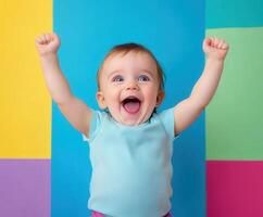Cheering toddler with raised arms celebrating in a colorful setting photo