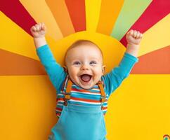 Cheering toddler celebrates joyfully against a colorful background photo