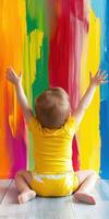 Cheering toddler expresses joy while painting on vibrant colors backdrop photo