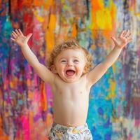 Cheerful toddler celebrating with outstretched arms in vibrant background photo