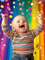 Happy toddler cheering with raised arms against a colorful background photo