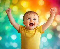 A cheerful toddler raises both arms in excitement, expressing pure joy photo