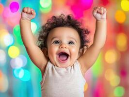 Cheering toddler with joyful expression celebrating in colorful background photo