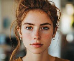 Young woman with freckled face and expressive eyes in natural light photo