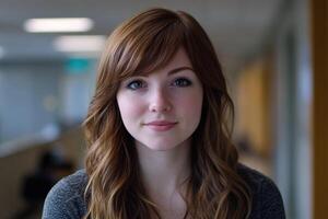 Young woman smiling warmly in a modern office setting during daytime photo