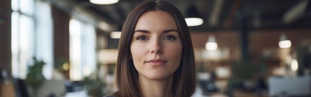 Confident young woman in a modern office during daytime working hours photo