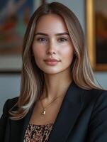 Confident young woman in professional attire poses in modern office setting photo