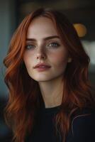 A beautiful redhead woman with long hair photo