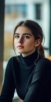 Young woman in a black turtleneck sweater sitting indoors during daytime photo