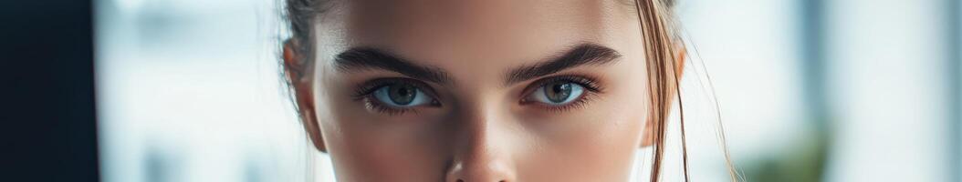 A focused young woman with striking blue eyes in a modern setting photo
