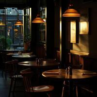 Cozy empty restaurant in the evening with warm lighting and wooden decor photo