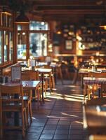 Cozy empty restaurant with warm lighting and wooden decor in the afternoon photo
