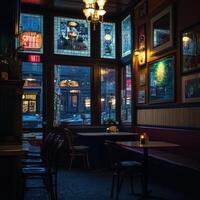 Cozy restaurant interior with dim lighting and empty tables at night photo