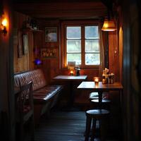 Cozy empty restaurant interior with warm lighting and wooden decor photo