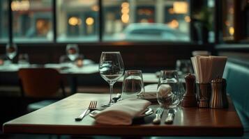 A table with empty wine glasses and silverware photo