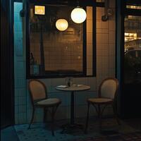 Cozy and inviting empty restaurant setting with warm lighting at night photo
