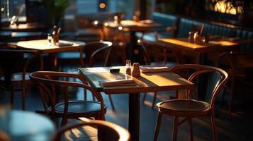 Cozy, empty restaurant with warm lighting inviting guests for dinner photo