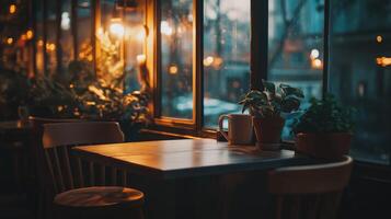 Cozy empty restaurant with warm lighting and plants at dusk photo