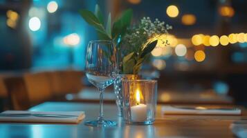 Cozy empty restaurant table featuring a candle and fresh flowers at night photo