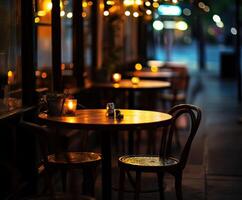 Cozy empty restaurant with candlelit tables during evening hours photo