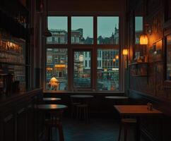Cozy empty restaurant with large windows and warm lighting at dusk photo