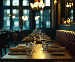 Cozy empty restaurant ready for evening diners with elegant lighting photo