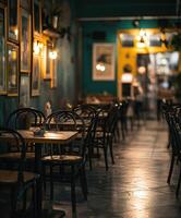 Cozy empty restaurant interior with warm lighting and inviting decor photo