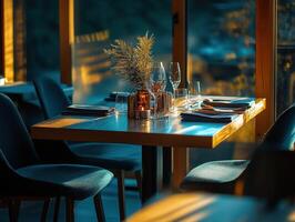 Cozy empty restaurant with elegant decor and warm lighting in the evening photo