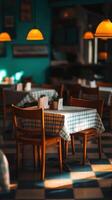 A cozy empty restaurant with warm lighting and checkered tables photo