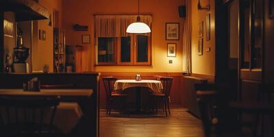 Cozy empty restaurant with warm lighting and a single table set for two photo
