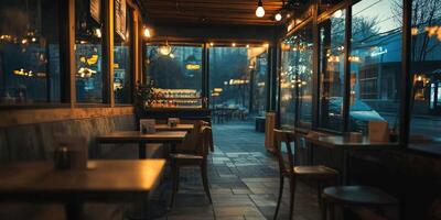 Empty cozy restaurant at dusk with warm lighting and inviting atmosphere photo