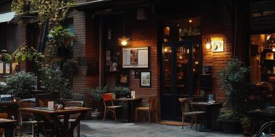 Cozy, empty restaurant with warm lighting and inviting decor in the evening photo