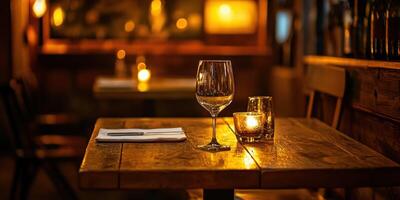 Warm and inviting empty restaurant at night with candlelit table photo